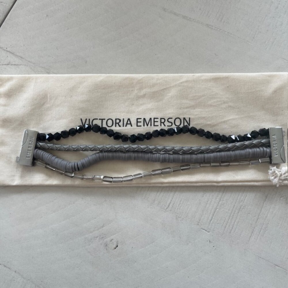 VICTORIA EMERSON TOKYO STACKED CUFF BRACELET BEADS CRYSTAL GRAY BLACK SILVER